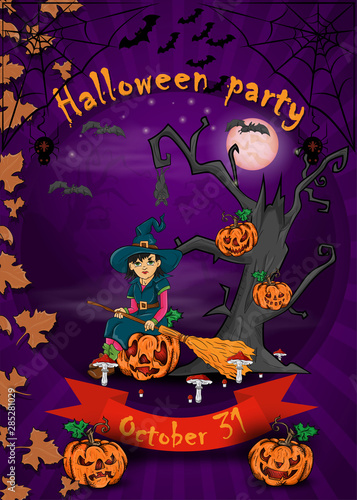 poster design for all Hallows eve decoration, Halloween, little witch with broom sitting on a pumpkin in the cemetery next to the scary tree