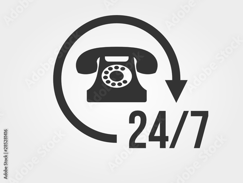 24/7 concept icon. Vintage phone icon with 24/7 customer support, customer service, call center, concept. Light gray background. Vector illustration, flat style