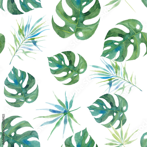 Exotic tropical leaves pattern on white background. Watercolor hand drawn illustration.