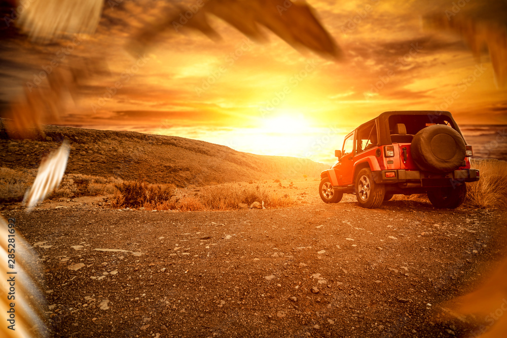 Golden sunset time and free space for your decoration. Autumn car trip and mountains landscape Golden sunset time and free space for your decoration. Autumn car trip and mountains landscape