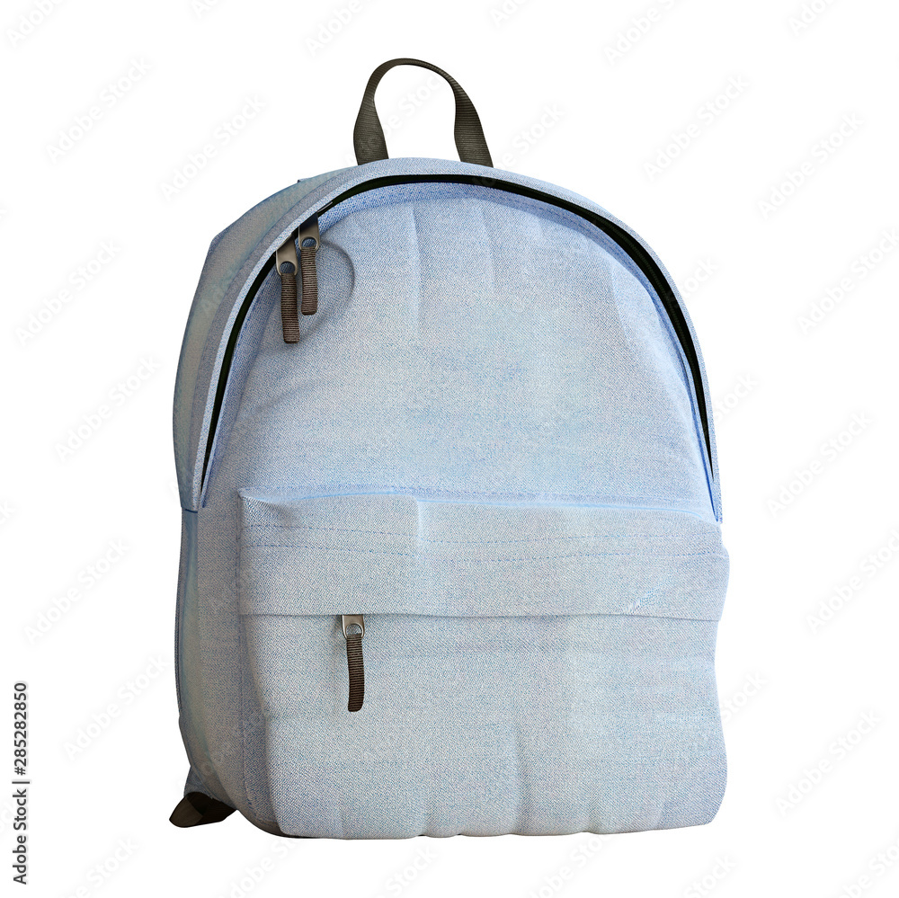 Realistic baby blue backpack isolated on white, close up, mock-up, 3d rendering - obrazy, fototapety, plakaty 