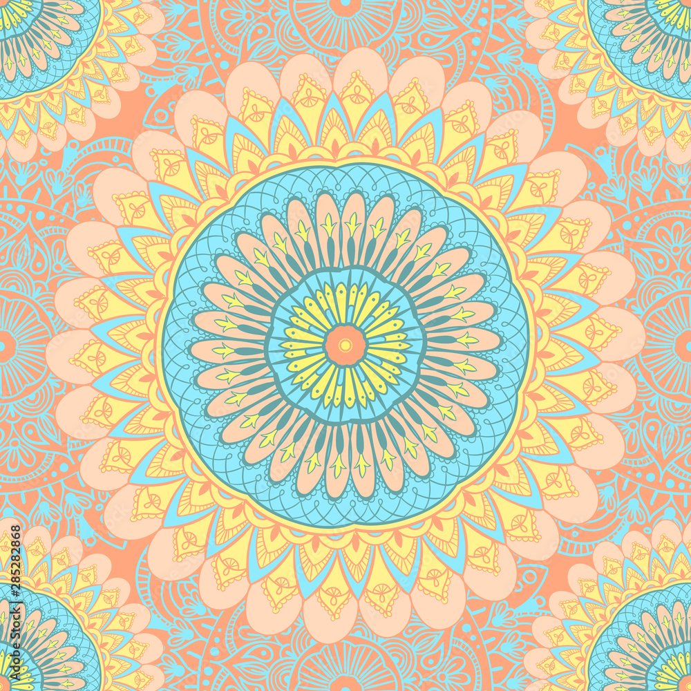 Seamless pattern tile with mandalas. Vintage decorative elements. Hand drawn background. Islam, Arabic, Indian, ottoman motifs. Perfect for printing on fabric or wrapping, surface textures, coloring
