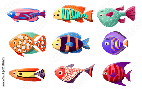 Coral reef fish set. Raster illustration in the flat cartoon style of tropical fish.