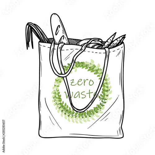 Sketch eco shopping bag isolated on white background. Zero waste. Vector