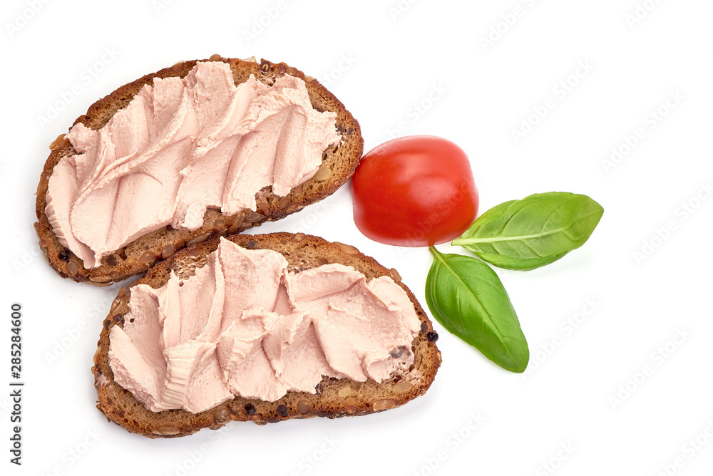 Sandwich with homemade chicken liver pate, isolated on white background Sandwich with homemade chicken liver pate, isolated on white background