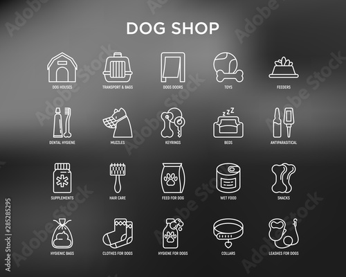 Dog shop thin line icons set: bags for transportation, feeders, toys, doors, dental hygiene, muzzle, snacks, hygienic bags, collar, haircare, supplements. Vector illustration for black theme.