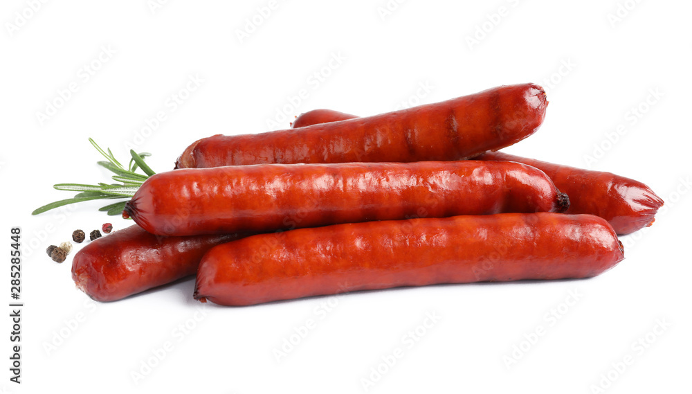 Delicious grilled sausages on white background. Barbecue food Delicious grilled sausages on white background. Barbecue food
