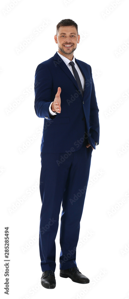 Professional business trainer reaching for handshake on white background Professional business trainer reaching for handshake on white background