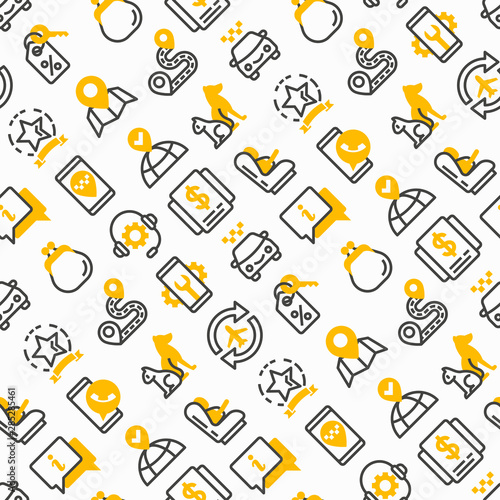 Taxi app seamless pattern with thin line icons: payment method, promocode, app settings, info, support service, location, pointer, route, destination, airport transfer, baby seat. Vector illustration.