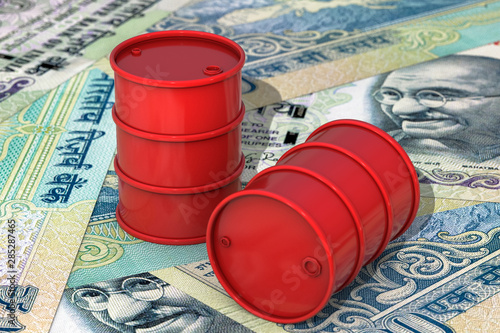 3d illustration: Red barrels of oil lie on background of Indian rupees banknotes, India. Petroleum business, black gold, gasoline production. Purchase sale, auction, stock exchange. photo