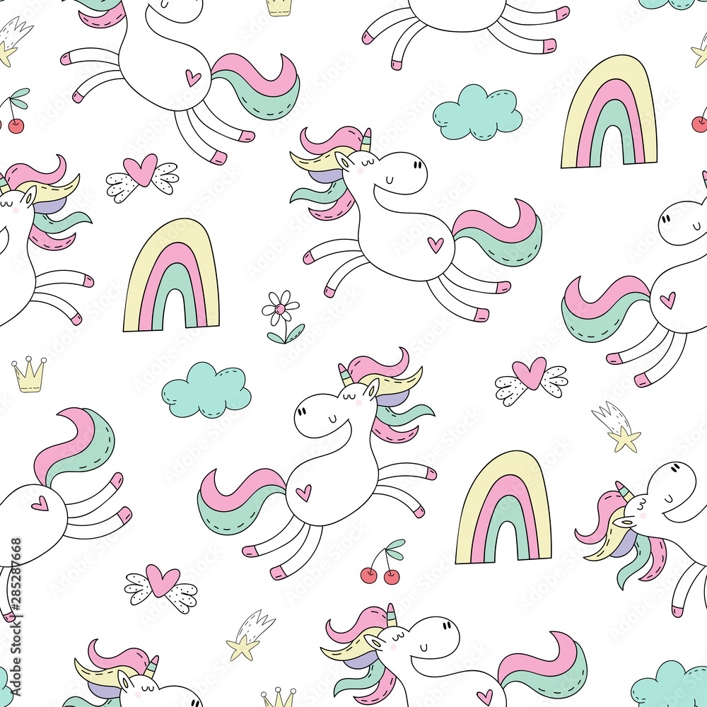 Cute hand drawn unicorn vector pattern. vector illustration. Unicorn and magic. Cute seamless pattern. print for kids Cute hand drawn unicorn vector pattern. vector illustration. Unicorn and magic. Cute seamless pattern. print for kids