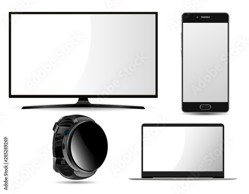 Monitor, Laptop, Smart Watch, Mobile Phone Mockup. White Screen Digital Computer Display. Modern Notebook Portable Electronic Illustration. Wristwatch Template. Touch Interface Smartphone Layout