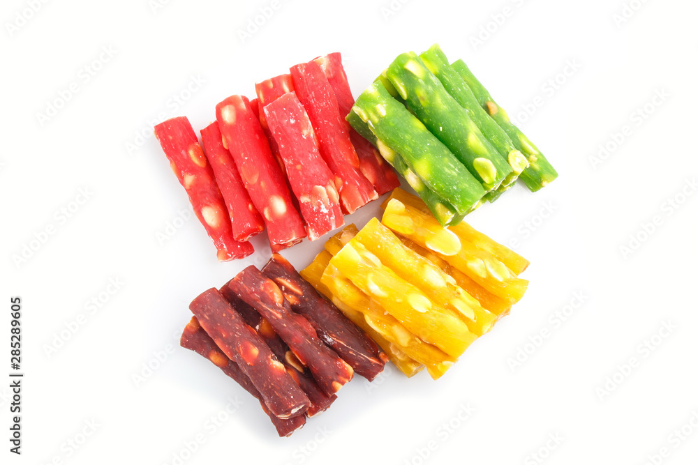 Set of various traditional turkish delight (rahat lokum) isolated on white background. top view. Set of various traditional turkish delight (rahat lokum) isolated on white background. top view.