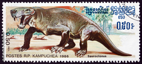 Postage stamp Cambodia 1986 Sauroctonus, prehistoric animal photo