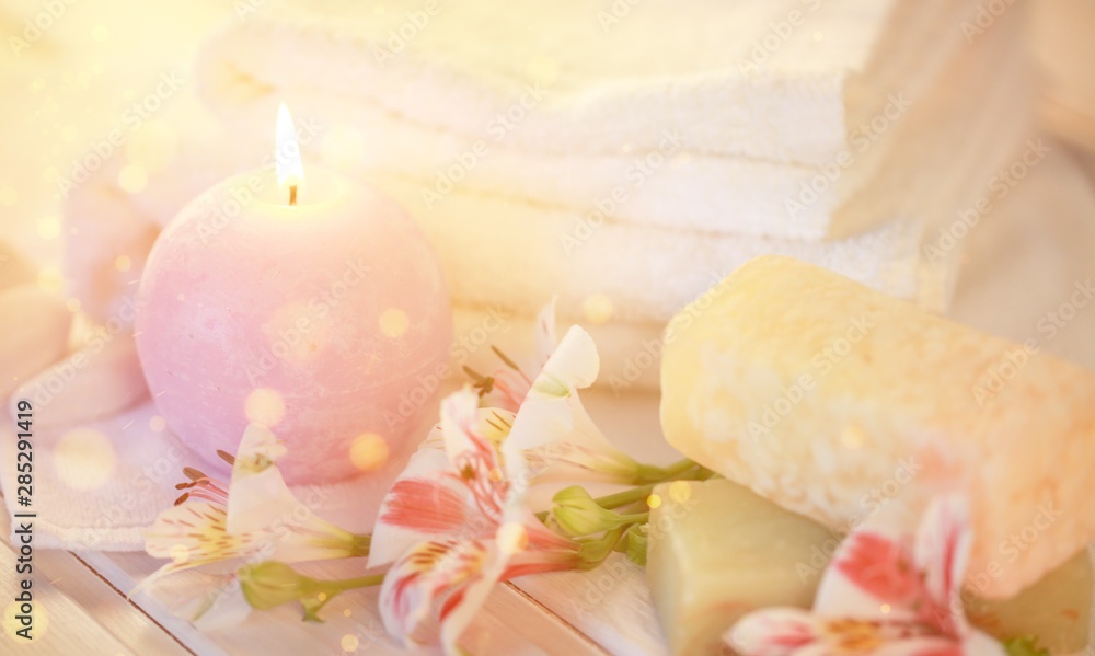Spa treatment health spa candle towel bar of soap orchid aromatherapy