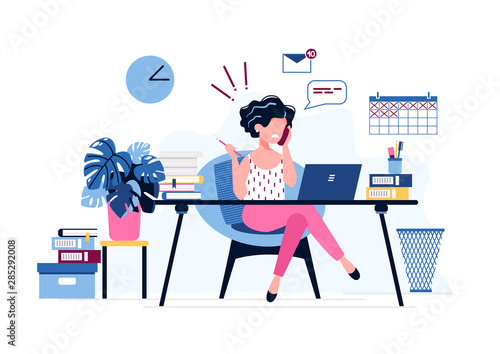 Annoyed female office worker. Exhausted businesswoman uses laptop, speaks on the phone sitting at the table. Burnout syndrome. Stress and depression at work. Vector illustration. Office work concept. 