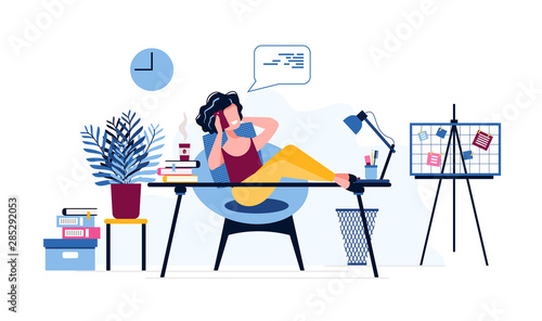 Happy and lazy female office worker put her legs on the desk and speaks on the phone, instead of performing work tasks. Workplace procrastination. Vector illustration. Office work concept. 