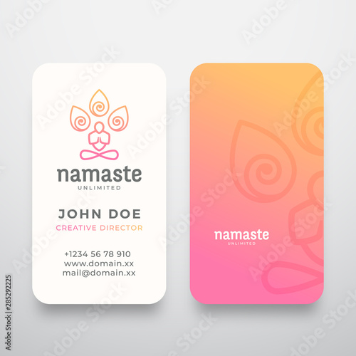 Yoga Namaste Concept Logo and Business Card Template. Meditation or Yoga Symbol. Meditating Person Silhouette with Limitless Symbol and Typography. Stationary Realistic Mock Up.