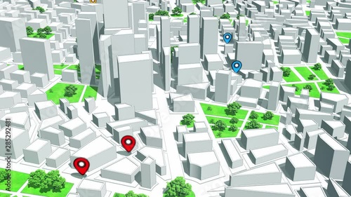 Geotargeting and GPS. Pin Navigation Icons Appear on the City Map. Geo-targeting, Map GPS Localization. Seamless Loop. photo