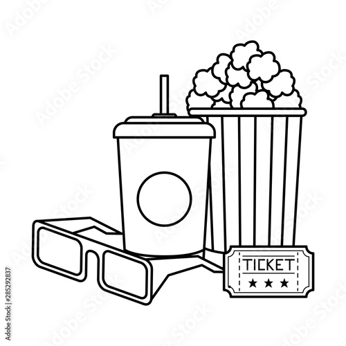 cinema eyeglasses with drink and popcorn