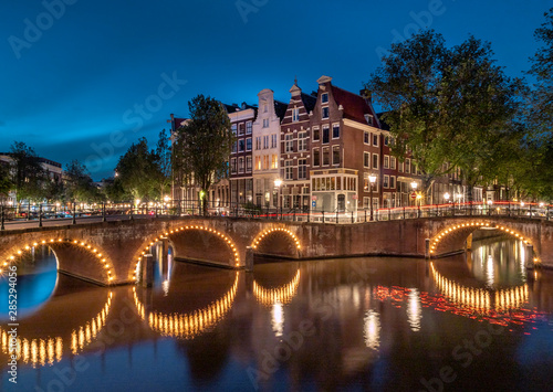 Keizersgracht and Leidsegracht at Night in Amsterdam, Netherlands