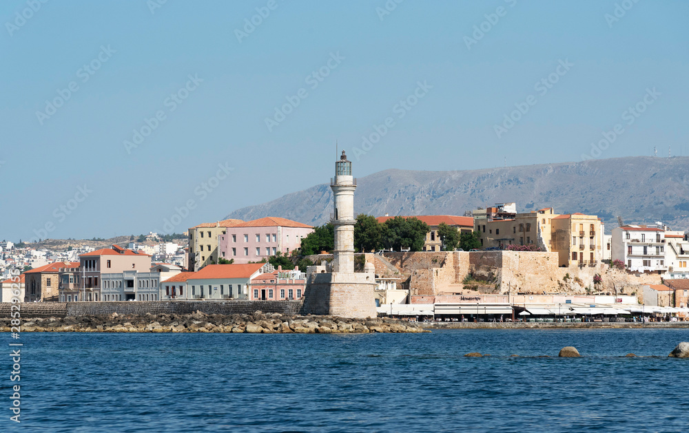 Chania, Crete, Greece. June 2019. The Egyptian Lighthouse dating from !6 Century. Renovated in 2005 and sits at the entrance to the Venetian Harbour, Chania