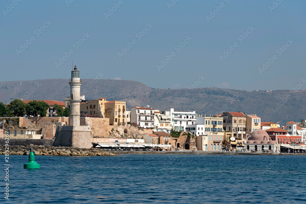 Chania, Crete, Greece. June 2019. The Egyptian Lighthouse dating from !6 Century. Renovated in 2005 and sits at the entrance to the Venetian Harbour, Chania