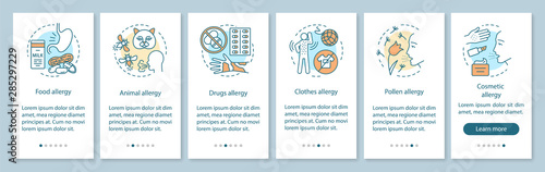 Allergy types onboarding mobile app page screen with linear concepts. Food, animal, clothes, pollen allergies walkthrough steps graphic instructions. UX, UI, GUI vector template with illustrations