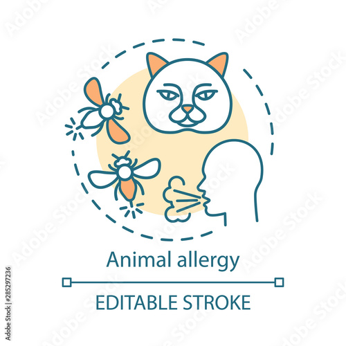 Animal allergy concept icon. Allergic reaction to insect stings, cats fur, saliva and dander. Pet allergens sensitivity idea thin line illustration. Vector isolated outline drawing. Editable stroke