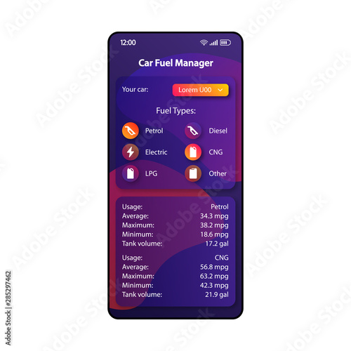 Car fuel manager smartphone interface vector template. Mobile app page color design layout. Vehicle refueling organizer screen. Flat UI for application. Power types list phone display