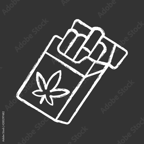 Cigarettes chalk icon. Weed product. Cannabis industry. Ganja smoking. Hemp distribution and sale. Relaxing CBD ciggy pack. Marijuana legalization. Drug use. Isolated vector chalkboard illustration