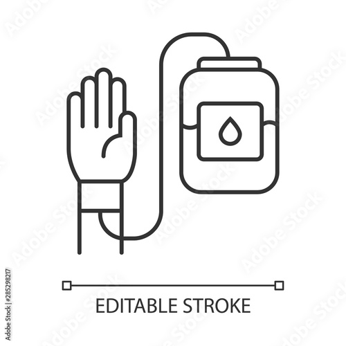 Donorship linear icon. Blood donation and transfusion. World Donor Day. Donor hand and blood bag. Thin line illustration. Contour symbol. Vector isolated outline drawing. Editable stroke