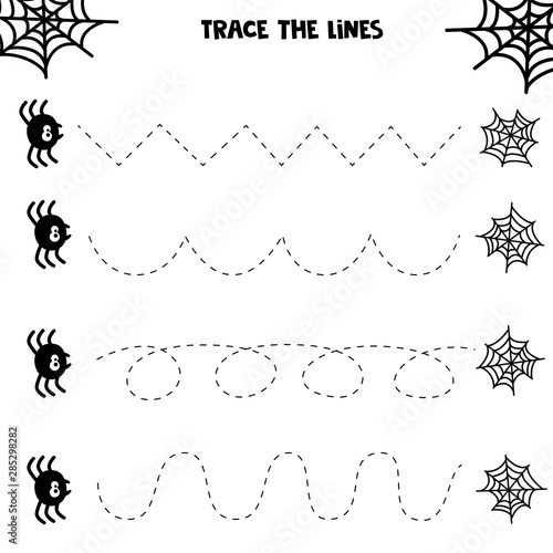 Educational worksheet for kids. Handwriting practice. Spider and his web. Trace the lines. Printable for halloween.