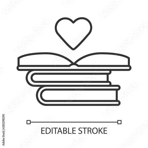Educational books distribution linear icon. Volunteer reader. Donating books. Stack of romance novels. Thin line illustration. Contour symbol. Vector isolated outline drawing. Editable stroke