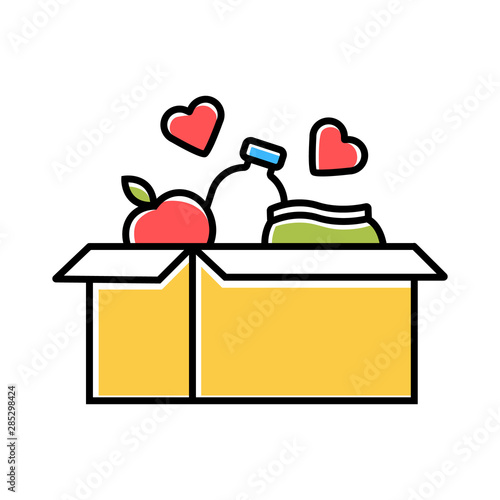 Food donations color icon. Charity food collection. Box with meal, hearts. Humanitarian assistance. Volunteer activity. Helping people in need. Hunger support program. Isolated vector illustration