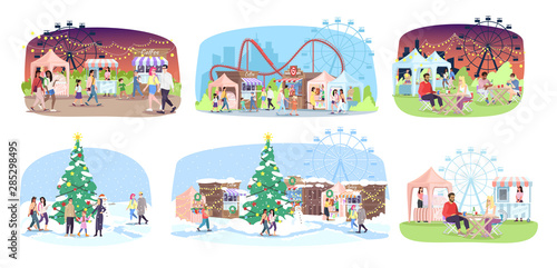 Fun fair flat vector illustrations set. Winter and summer street market, funfair. People walk fairground with Christmas tree, market stalls, ferris wheel and roller coaster. City event, festival