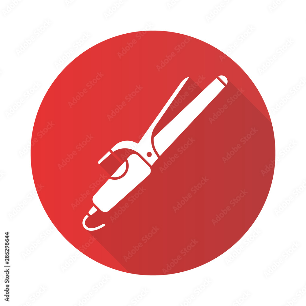 Hair curler flat design long shadow glyph icon. Curling iron. Curling tongs. Creating curls by heating. Electric hairdresser tool. Professional hair styling. Vector silhouette illustration Hair curler flat design long shadow glyph icon. Curling iron. Curling tongs. Creating curls by heating. Electric hairdresser tool. Professional hair styling. Vector silhouette illustration
