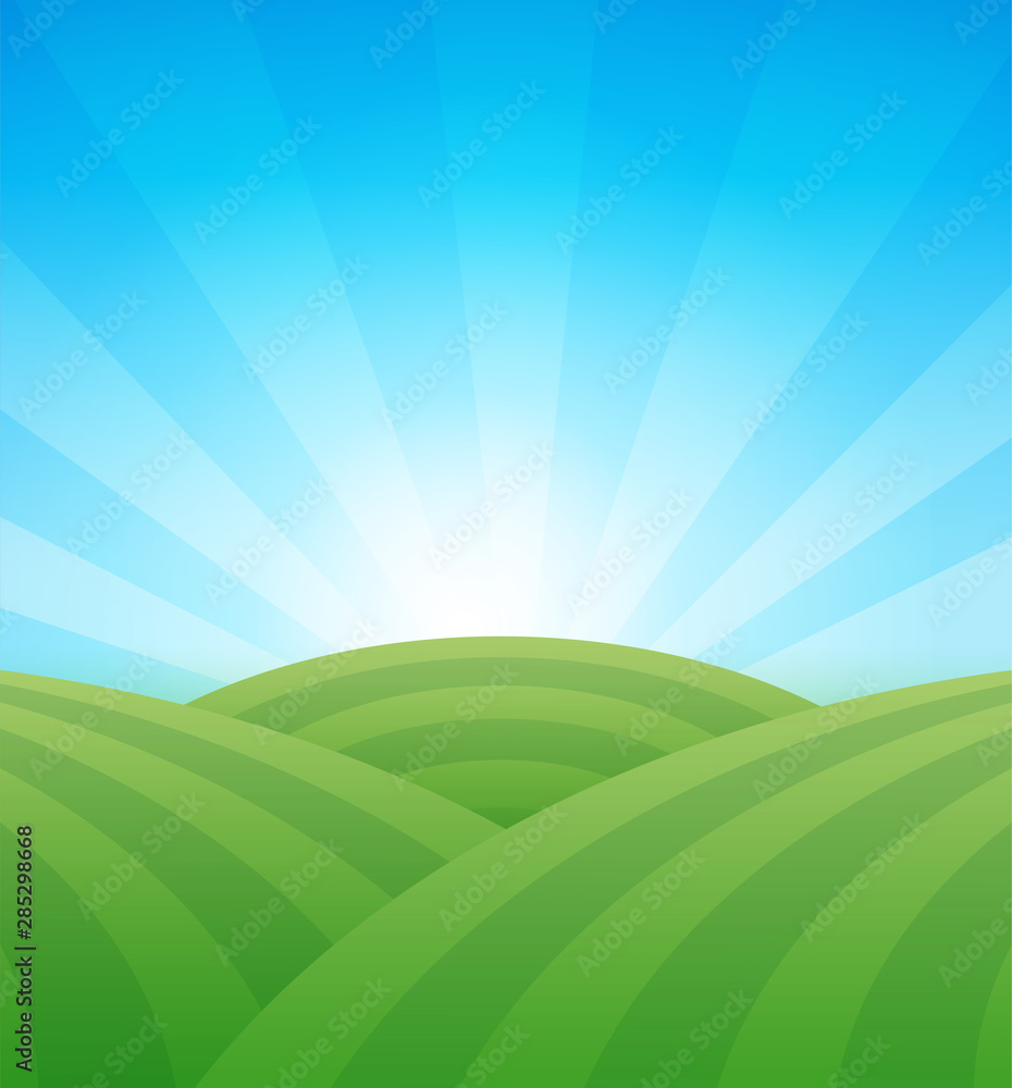Farm green fields with hills under blue clear summer sky - Colorful vector agriculture illustration. Rural landscape with copy space.