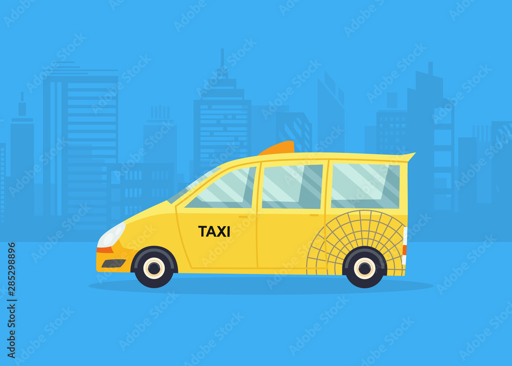 Cars on the city panorama. Taxi service. Yellow taxi cab. Taxi application, city silhouette with skyscrapers and towers. Cars on the city panorama. Taxi service. Yellow taxi cab. Taxi application, city silhouette with skyscrapers and towers.