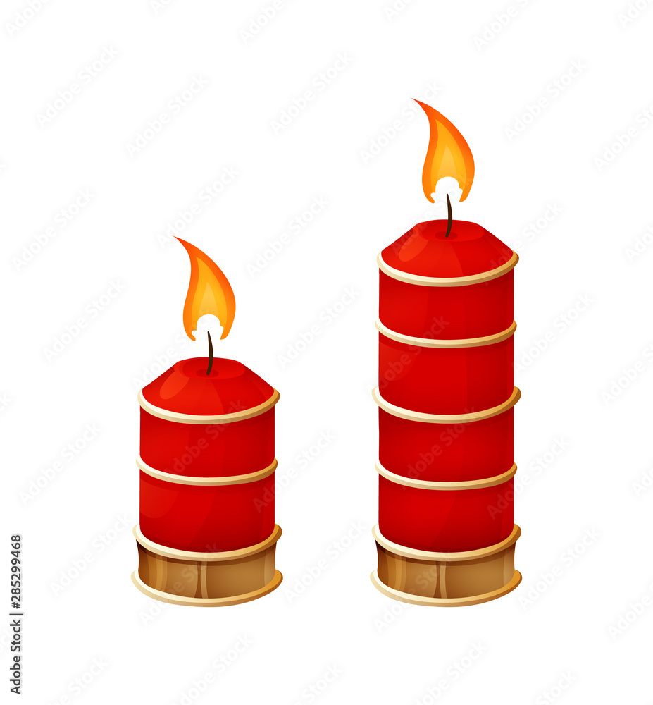 Two red burning candles. Elements for Chinese traditional Happy New Year, Merry Christmas, birthday vector illustration on white background Two red burning candles. Elements for Chinese traditional Happy New Year, Merry Christmas, birthday vector illustration on white background