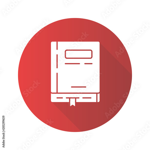 Notebook flat design long shadow glyph icon. School textbook with bookmark vector silhouette illustration. Book shop, publishing house, library logo. Education, knowledge gain, literature symbol