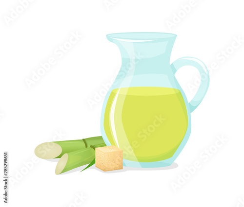 Sugarcane juice. Fresh squeezed sugar cane in a jug with stalks and sugar cubes. Natural organic product food and drink farm vector cartoon illustration