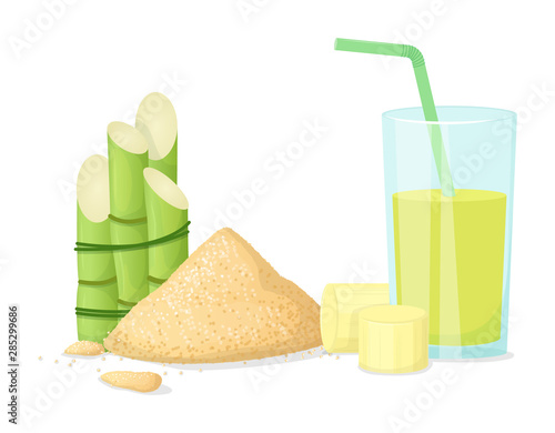 Sugarcane juice. Fresh squeezed sugar cane in glass with stalks and sugar cubes. Natural organic product food and drink farm vector cartoon illustration