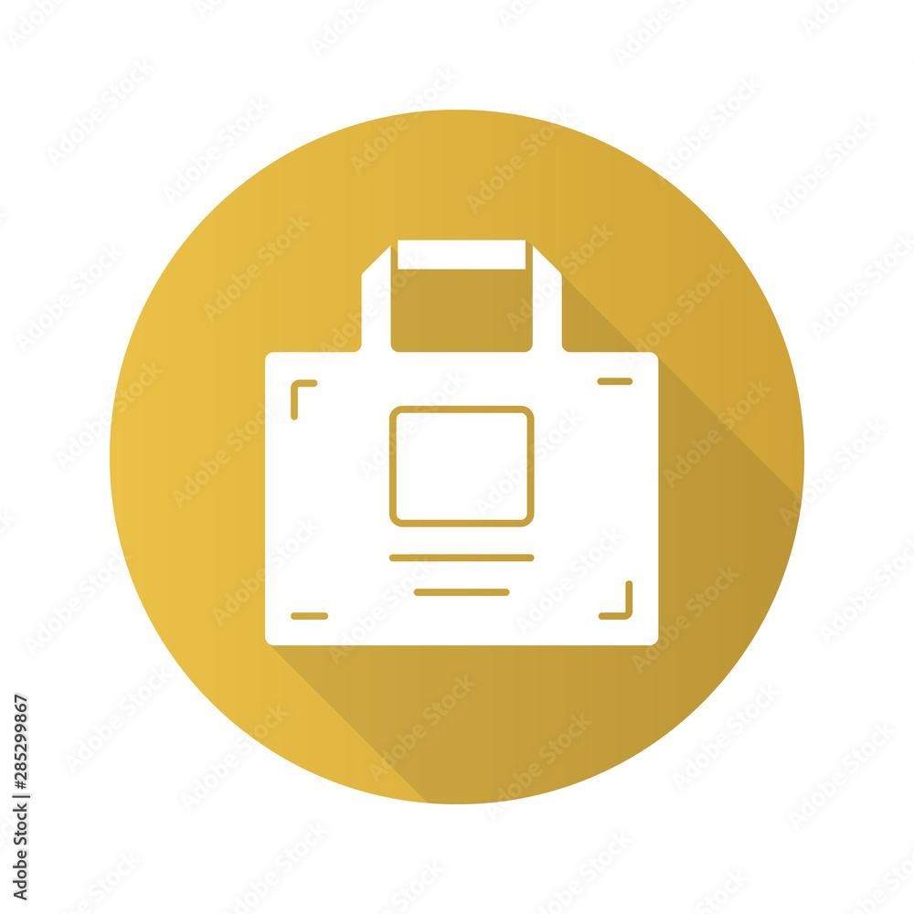 Package flat design long shadow glyph icon. Shopping handbag vector silhouette illustration. Businessman, company worker briefcase. Corporate identity, branded merchandise. Container with handle Package flat design long shadow glyph icon. Shopping handbag vector silhouette illustration. Businessman, company worker briefcase. Corporate identity, branded merchandise. Container with handle