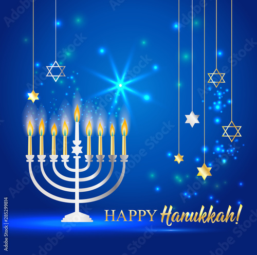 Happy Hanukkah Shining Background with Menorah, David Star and Bokeh Effect. Vector illustration on blue.