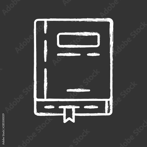 Personal notebook, school textbook chalk icon. Diary with bookmark isolated vector chalkboard illustration. Book shop, publishing house, library logo. Education, knowledge gain, literature symbol