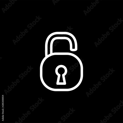 Open Lock Line Icon On Black Background. Black Flat Style Vector Illustration