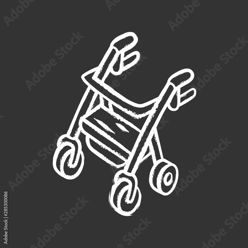 Rollator walker chalk icon. Mobility aid device for physically disabled people. Pensioner, elderly four wheel walker equipment. Rehab, intense recovery system. Isolated vector chalkboard illustration
