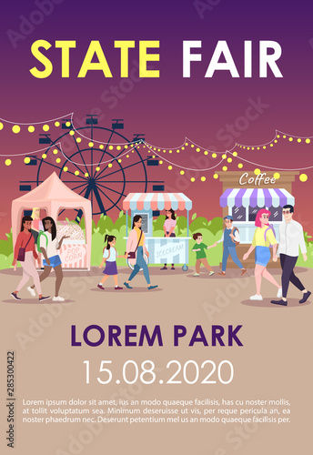 State fair brochure template. Funfair, night street market flyer, booklet, leaflet concept with flat illustrations. Summer city event. Page layout for magazine. Advertising invitation with text space