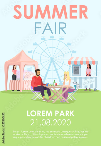 Summer fair brochure template. Outdoor cafe, market stalls flyer, booklet, leaflet concept with flat illustrations. Festival, city event. Vector page layout for magazine. Advertising invitation
